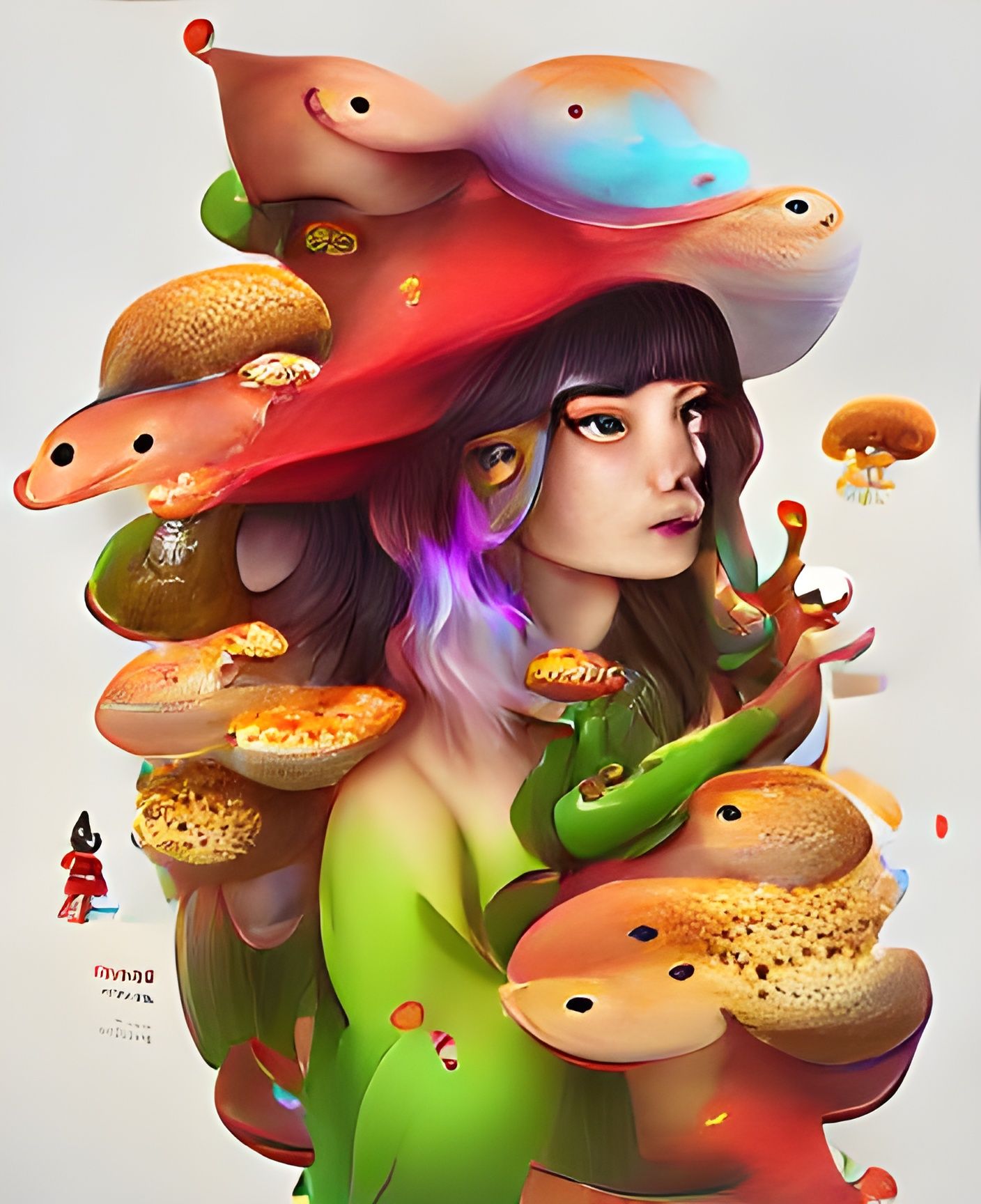 Mushroom Witch and Salamander Familiar, Dreamy Art