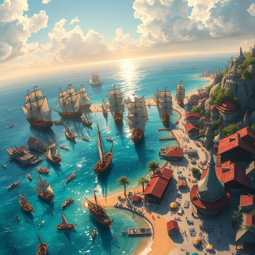 Vibrant Beachside Port of Solrend Shore in Fantasy RPG Style