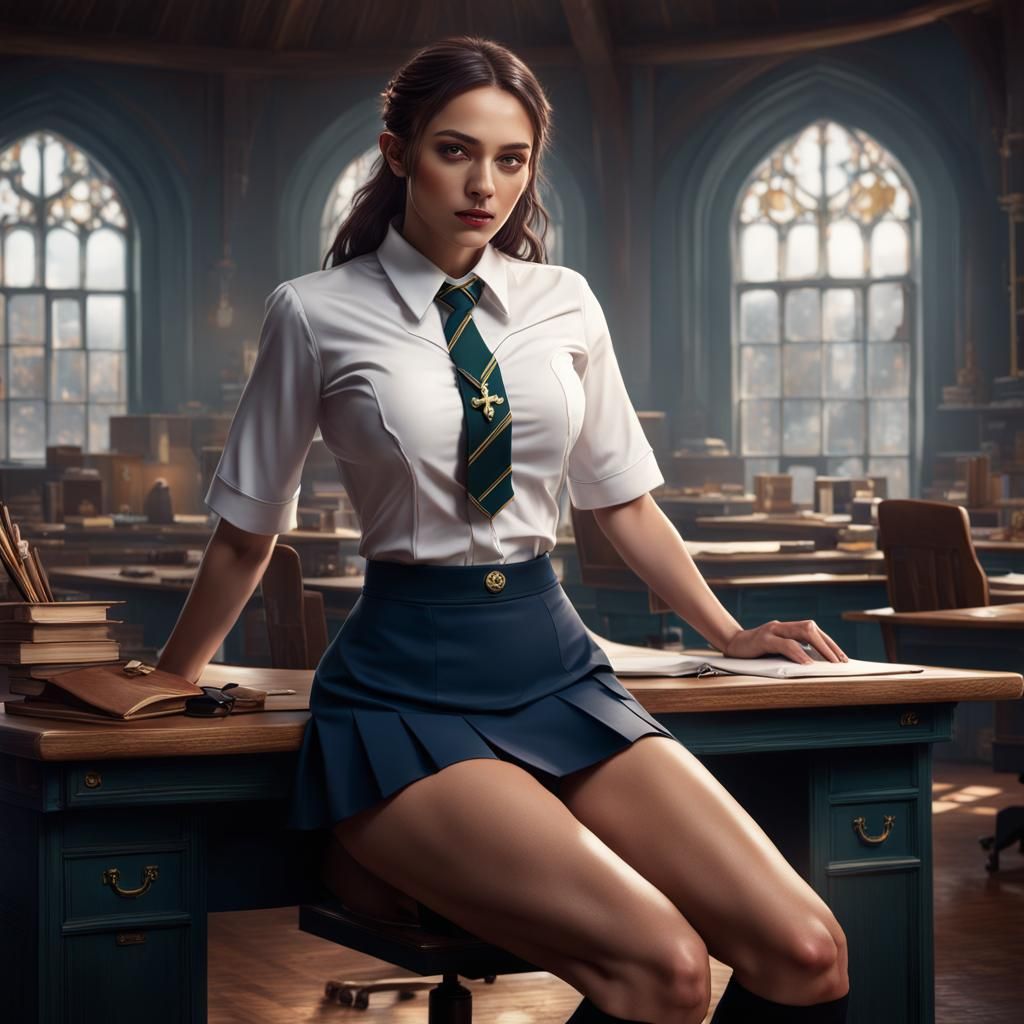 Provocative Schoolgirl in Detailed Matte Painting