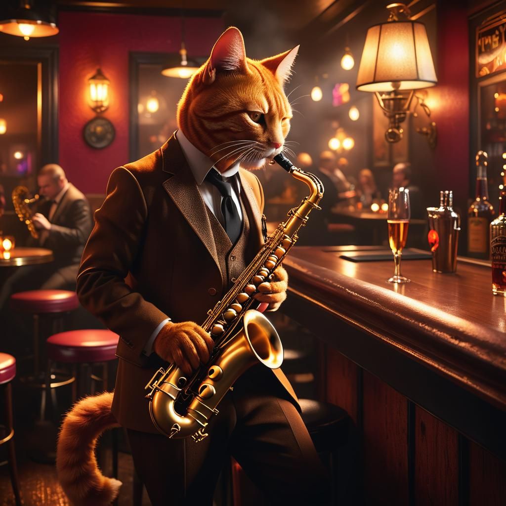 Ginger Cat Saxophonist in Smoky Jazz Club