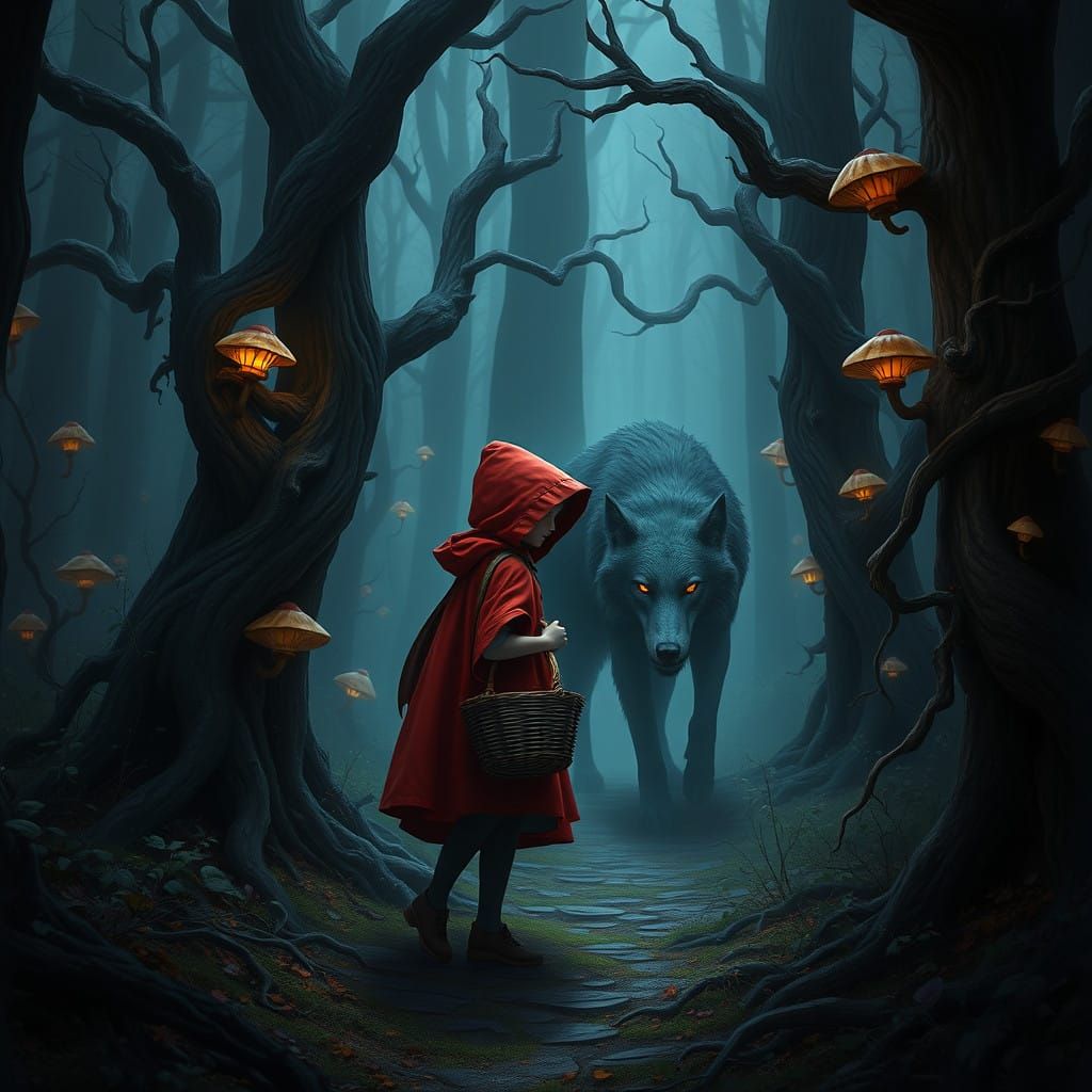 Little Red Riding Hood Stands Guard in Mysterious Forest