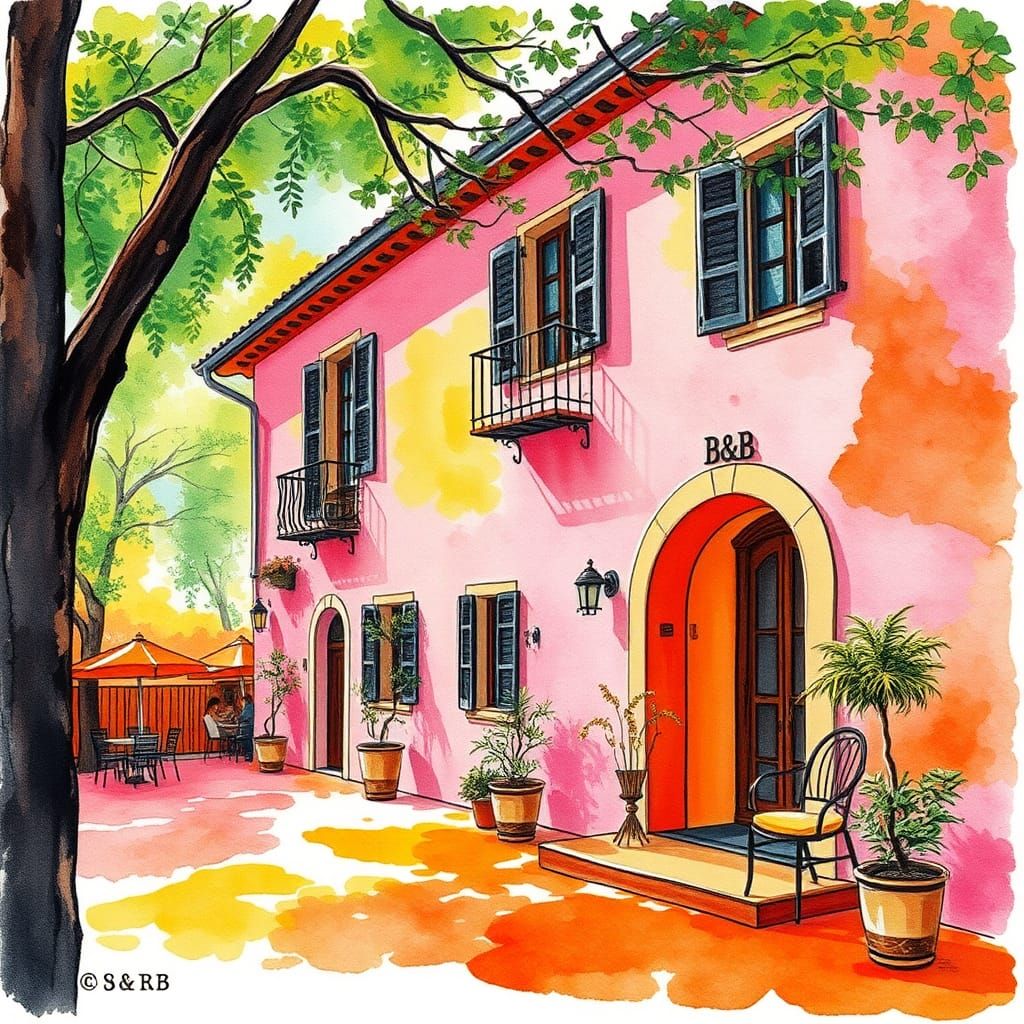 Charming B&B in Forest Clearing, Pastel Ink Drawing