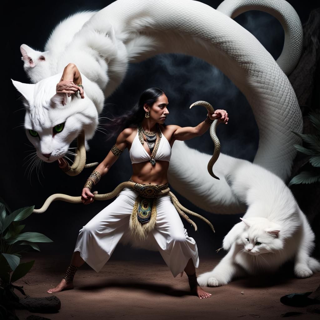 Shaman Woman Battles Shadow Serpent with White Cat