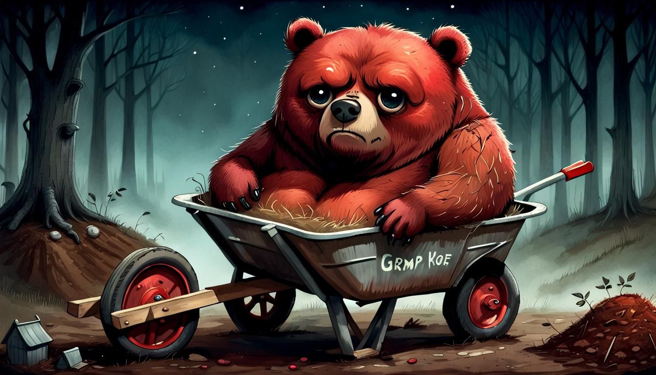 A Grumpy Red Bear in a Wheelbarrow: Whimsical Storybook Illu...