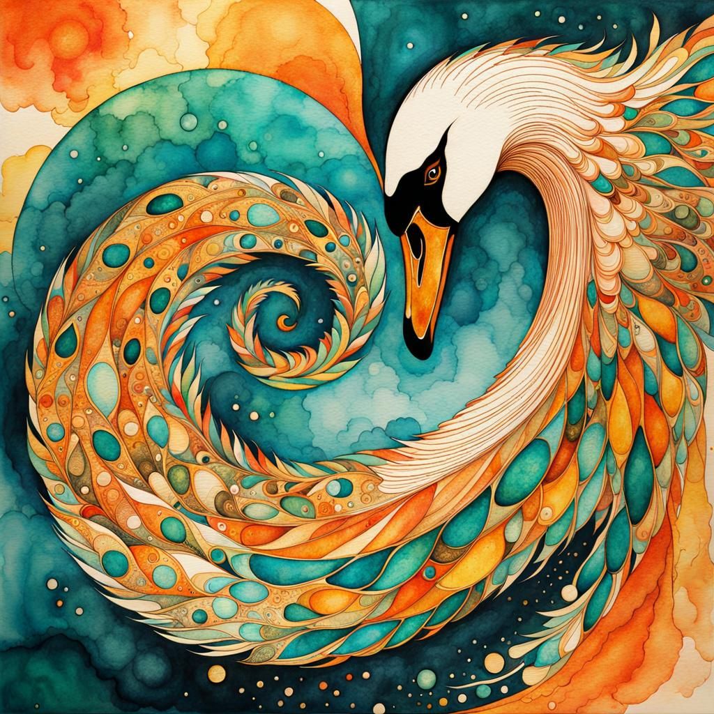 Colorful Swan in Watercolor and Ink Splash Art