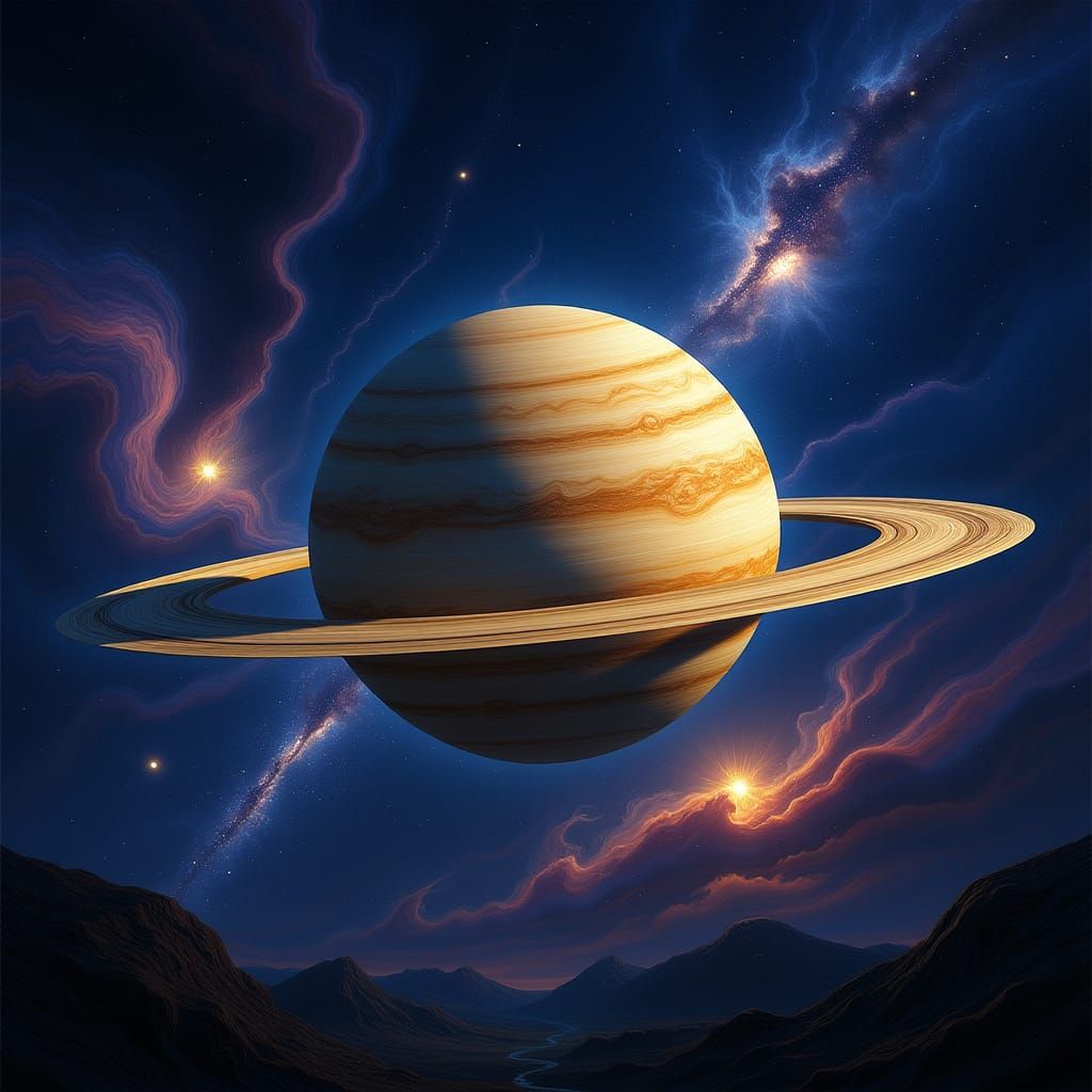 Ringed Planet in Cosmic Void Fantasy Art