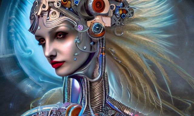 Robot Goddess in Science Lab, Maximalist Matte Painting