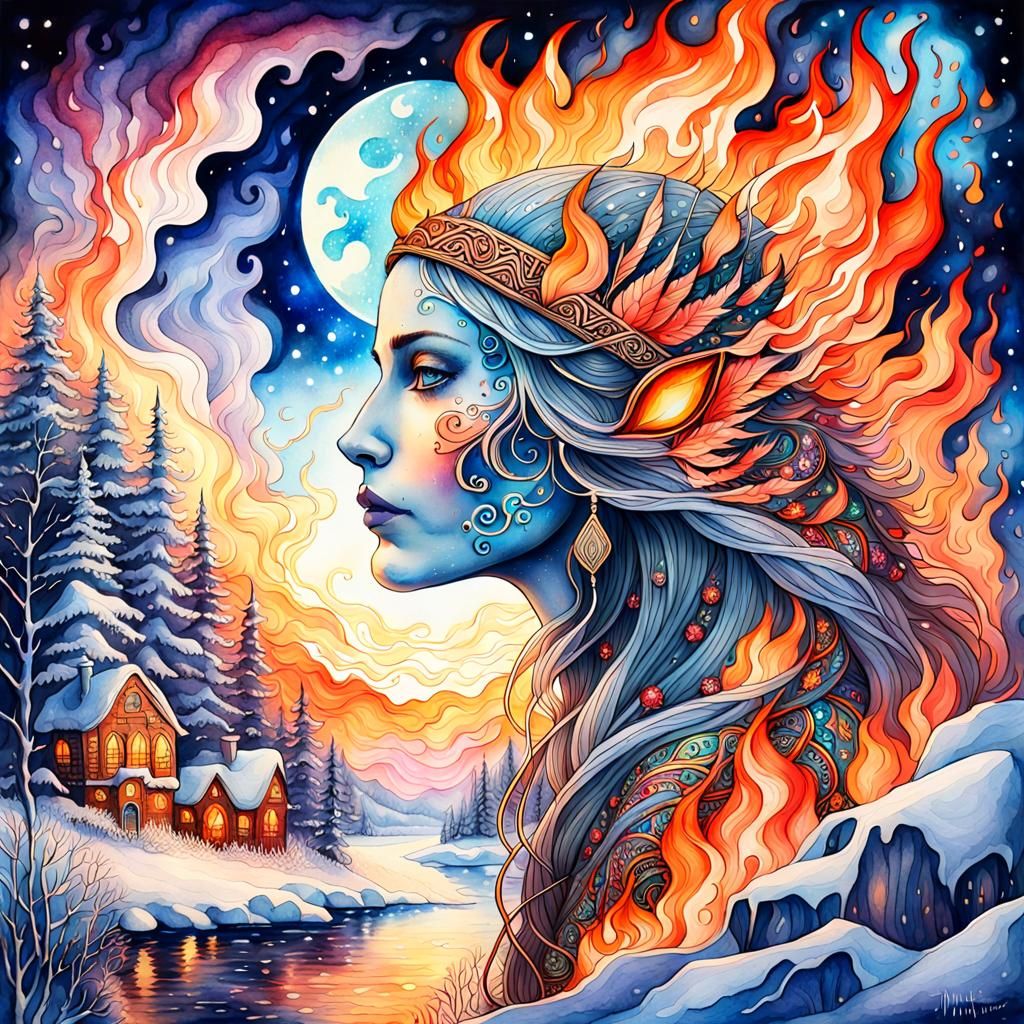 Dreamy Winter Fire Bleeding Watercolor Art