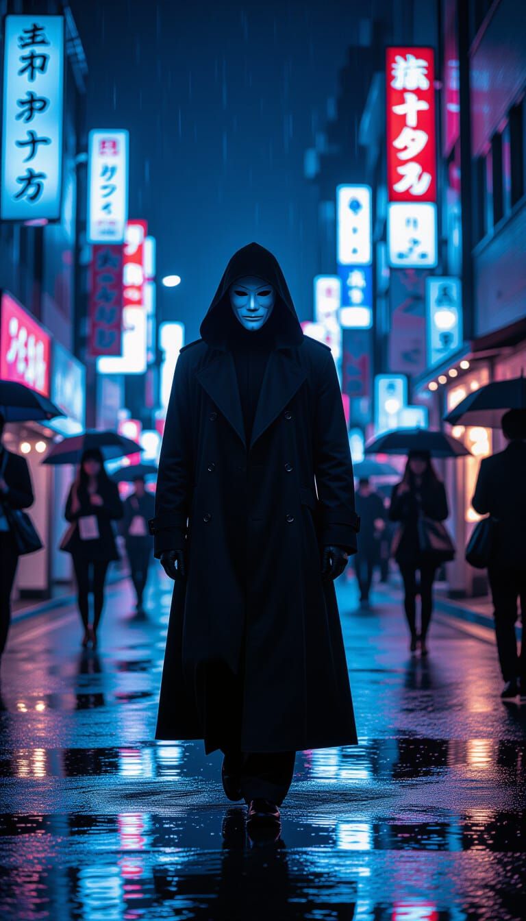 Tokyo Rainy Night: Mysterious Figure in Neon Glow