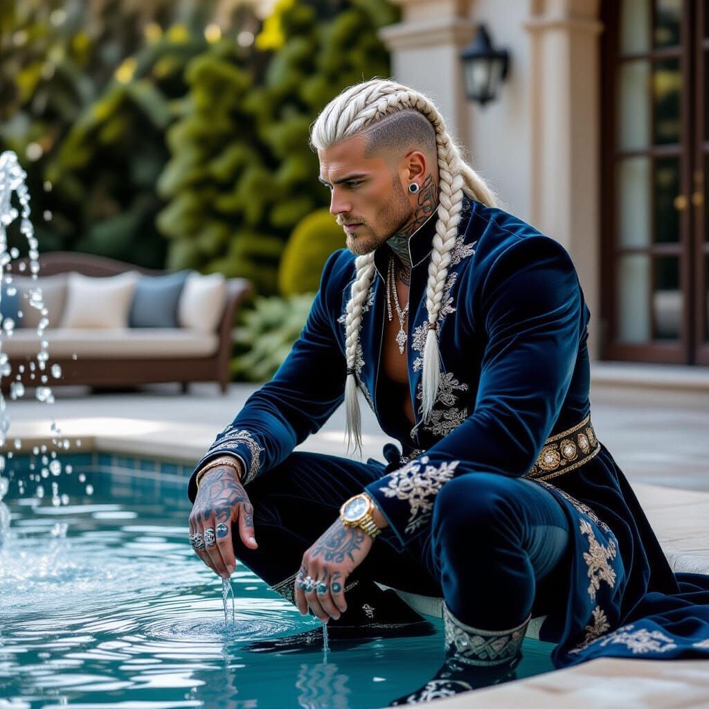 Viking Man with Tattoos and Haute Couture in Garden Portrait