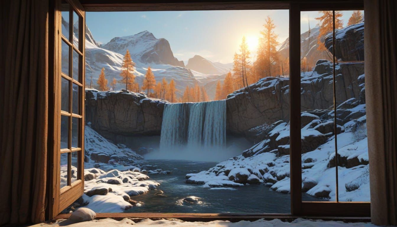 Warm Sunrise Over Snow-Covered Waterfalls, Norman Rockwell S...