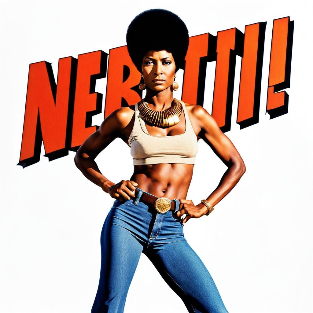 Retro action movie poster Title "Nertiti"African American woman, short Afro, Pam Grier, fawn-like brown eyes, wearing cu...