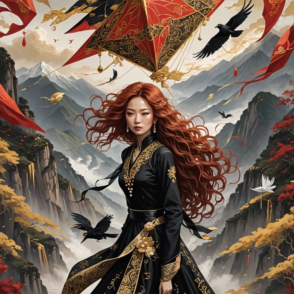 Woman with Asian Kite in Rossetti Style