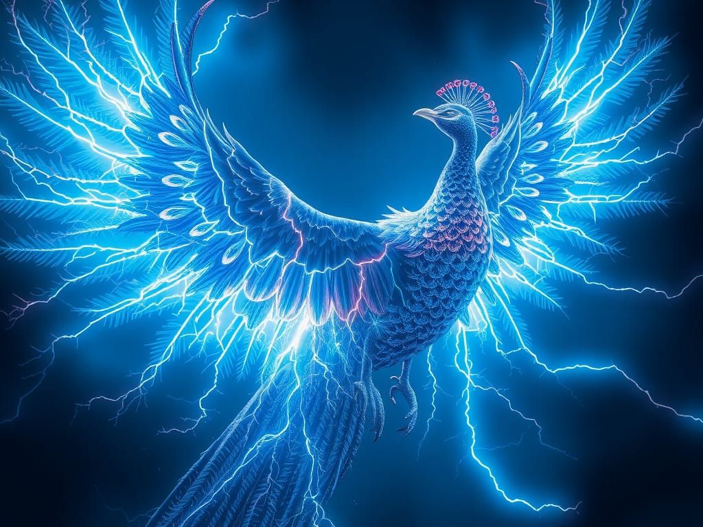 Majestic Lightning Peacock Illuminates the Dark Stormy Void