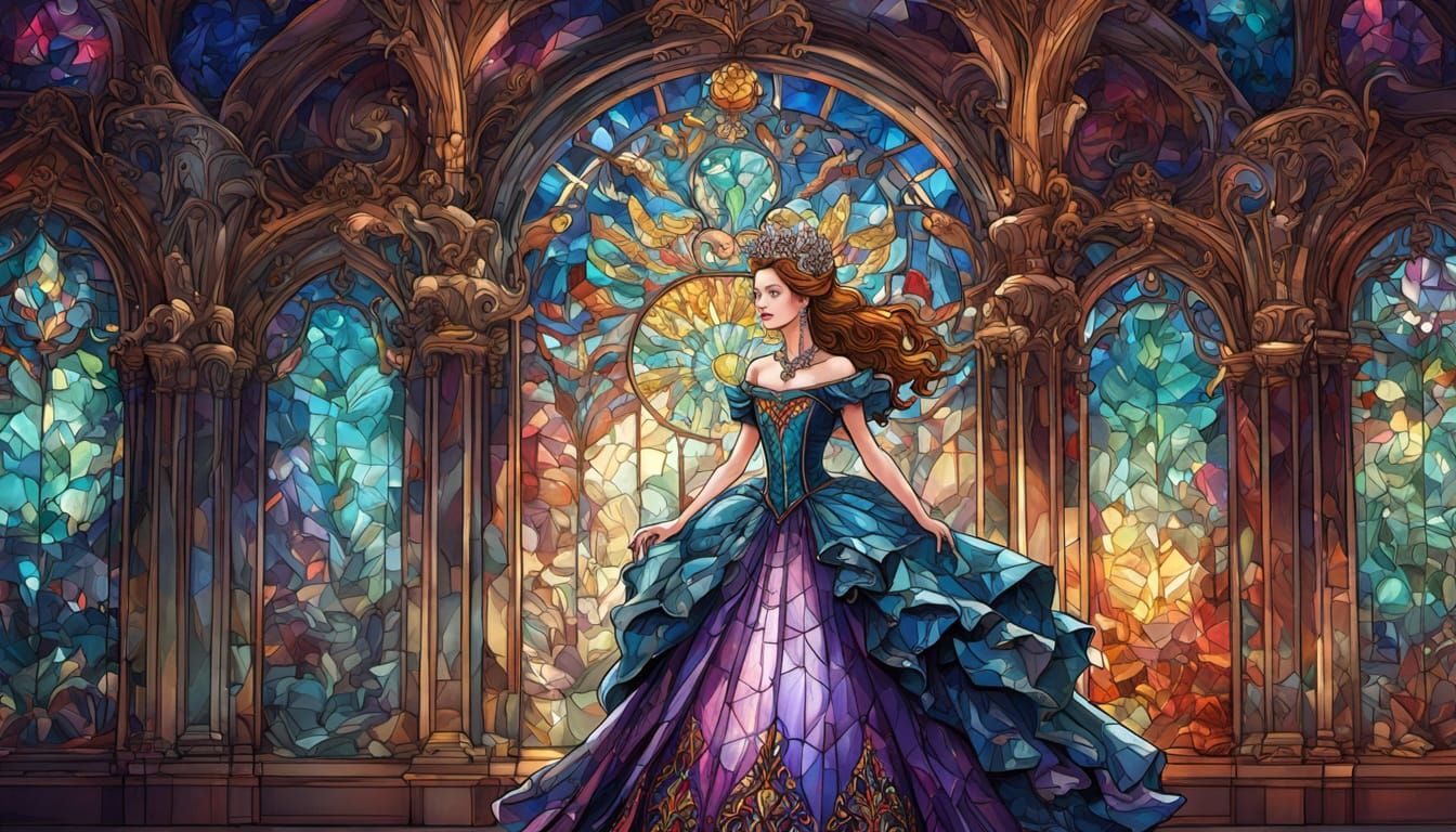 Queen in Stained Glass Gown in Art Nouveau Ballroom