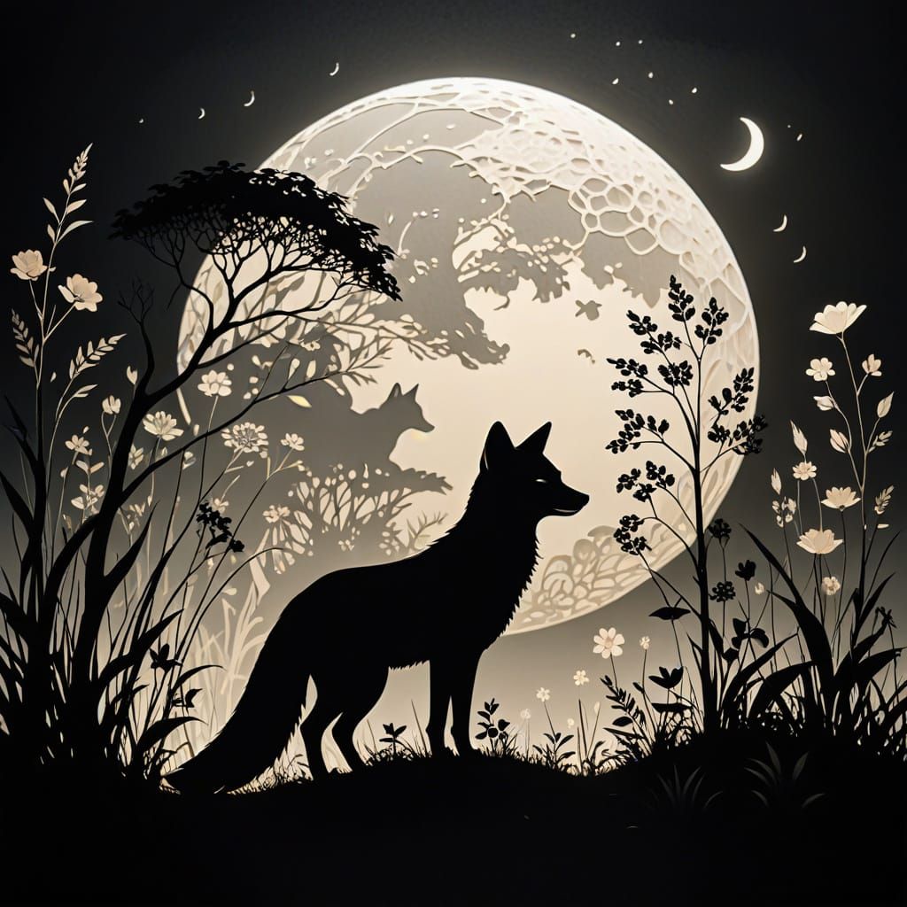 Elegant Silhouette Fox in a Moonlit Meadow