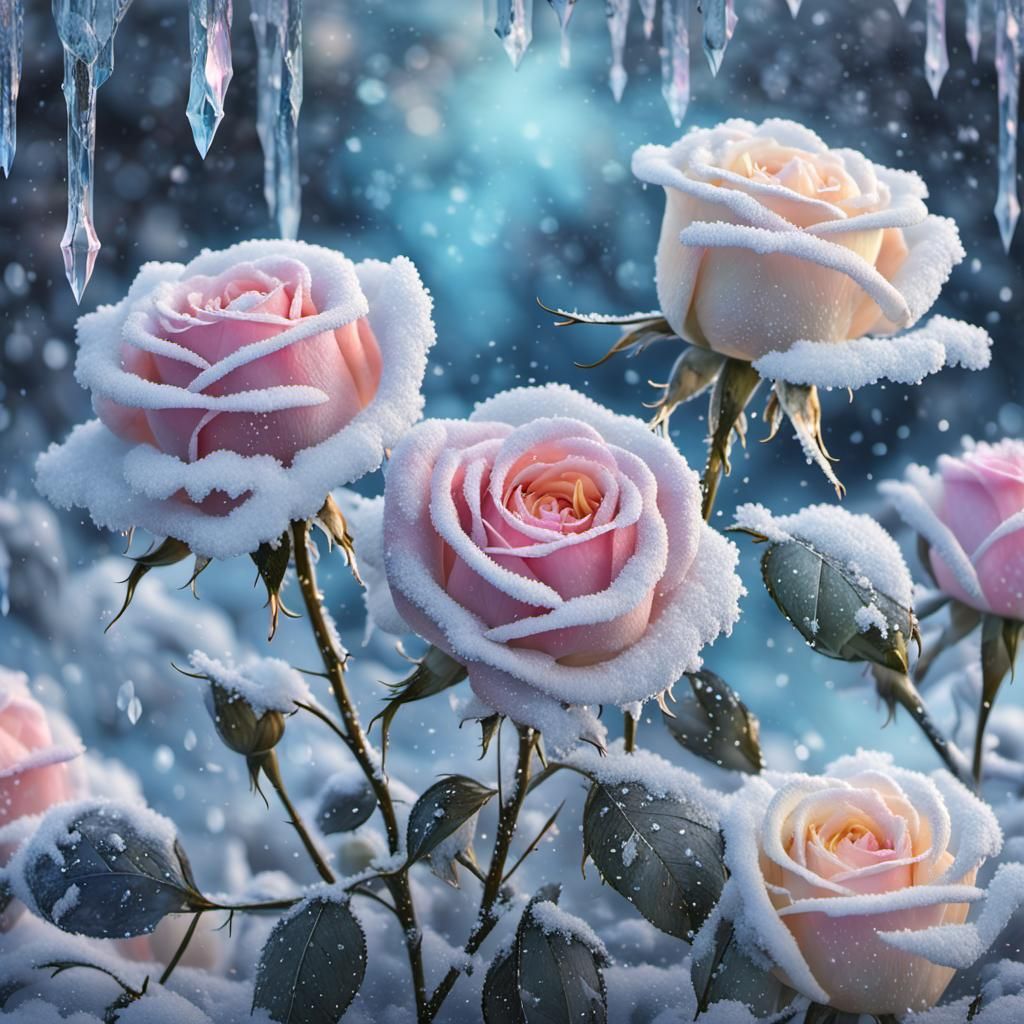 Crystal Pastel Frozen Roses in Winter Snow, 8K