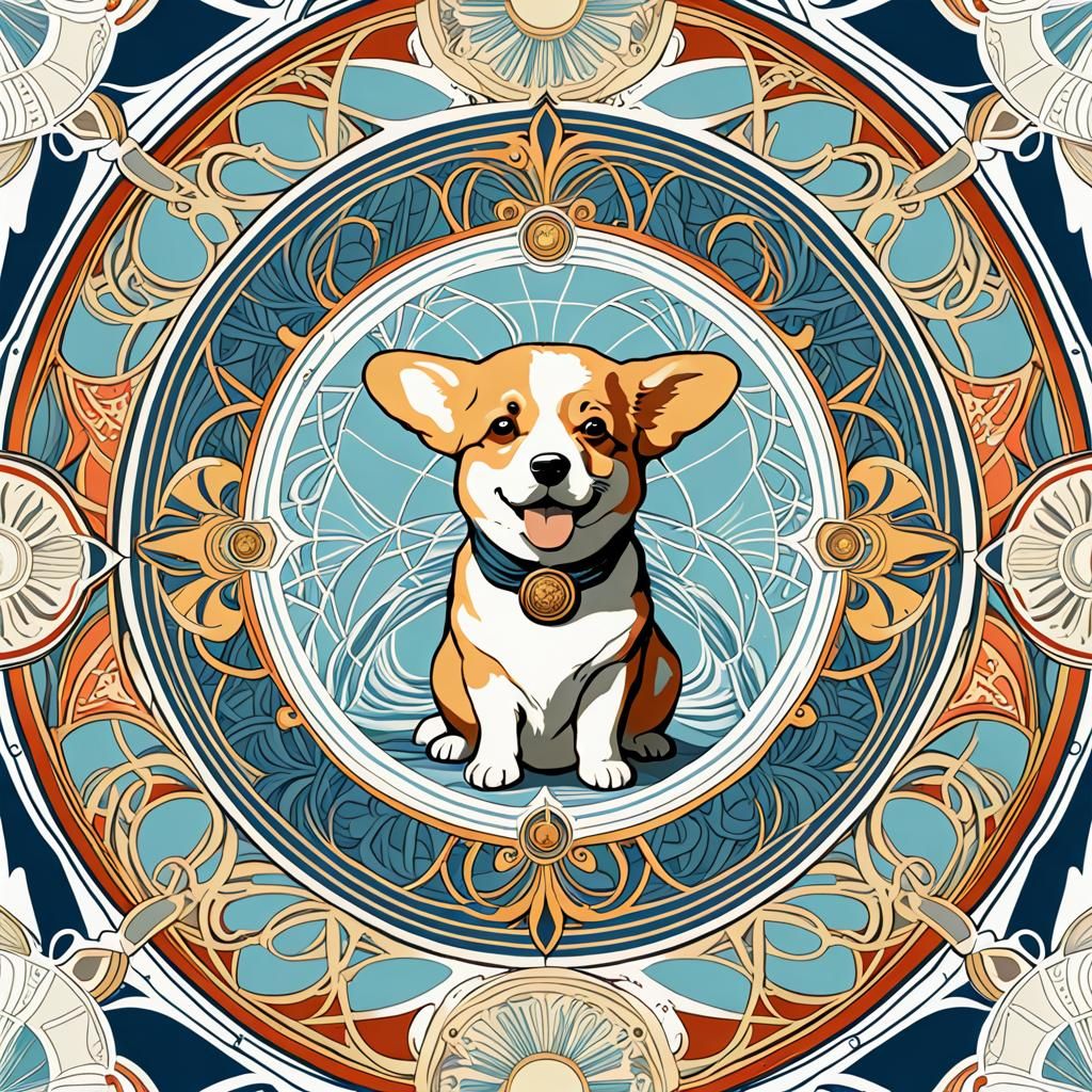 Nautical Corgi Pattern in Art Nouveau Style