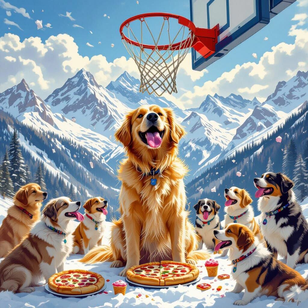 Golden Retriever Dunking Basketball in Epic Mountain Scene