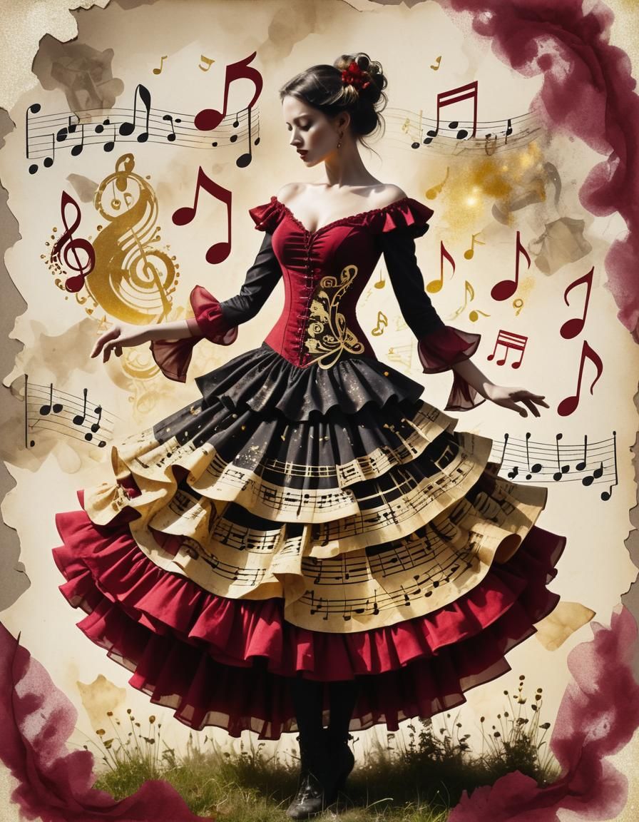 Flamenco Silhouette with Musical Notes in Steampunk Style
