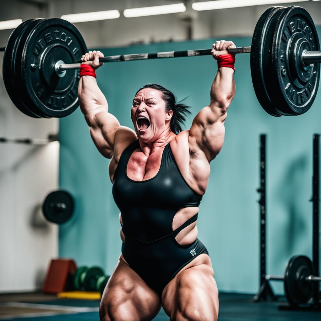 Strong Plus Size Russian Weightlifter in Swimsuit, Lifting B...