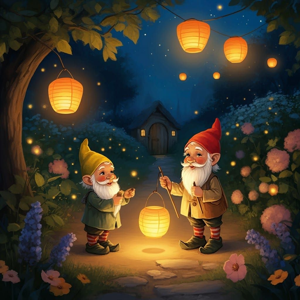 Gnomes Garden Party with Lanterns, Storybook Illustration