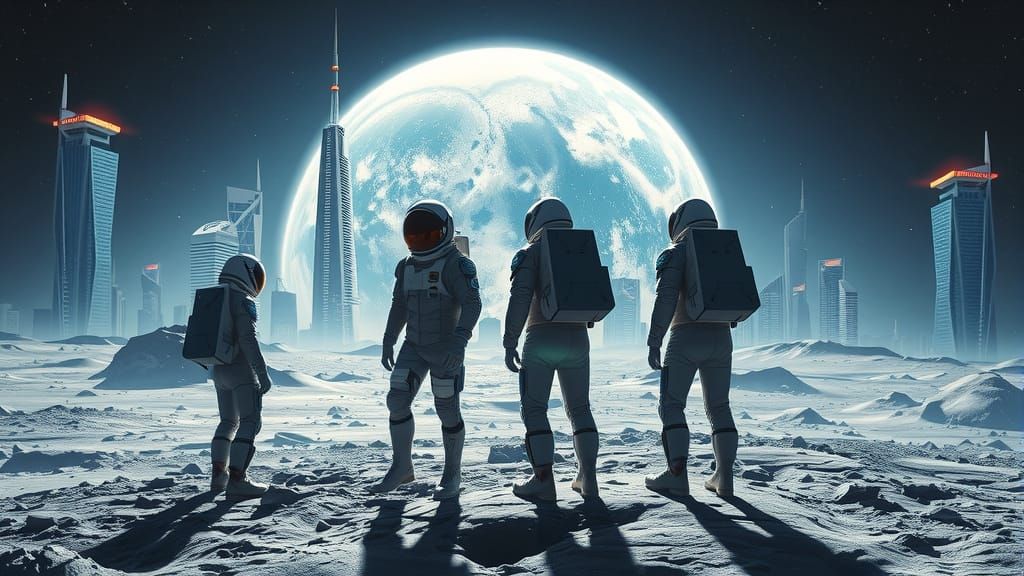 Lunar Cityscape with Earthrise in Futuristic Style