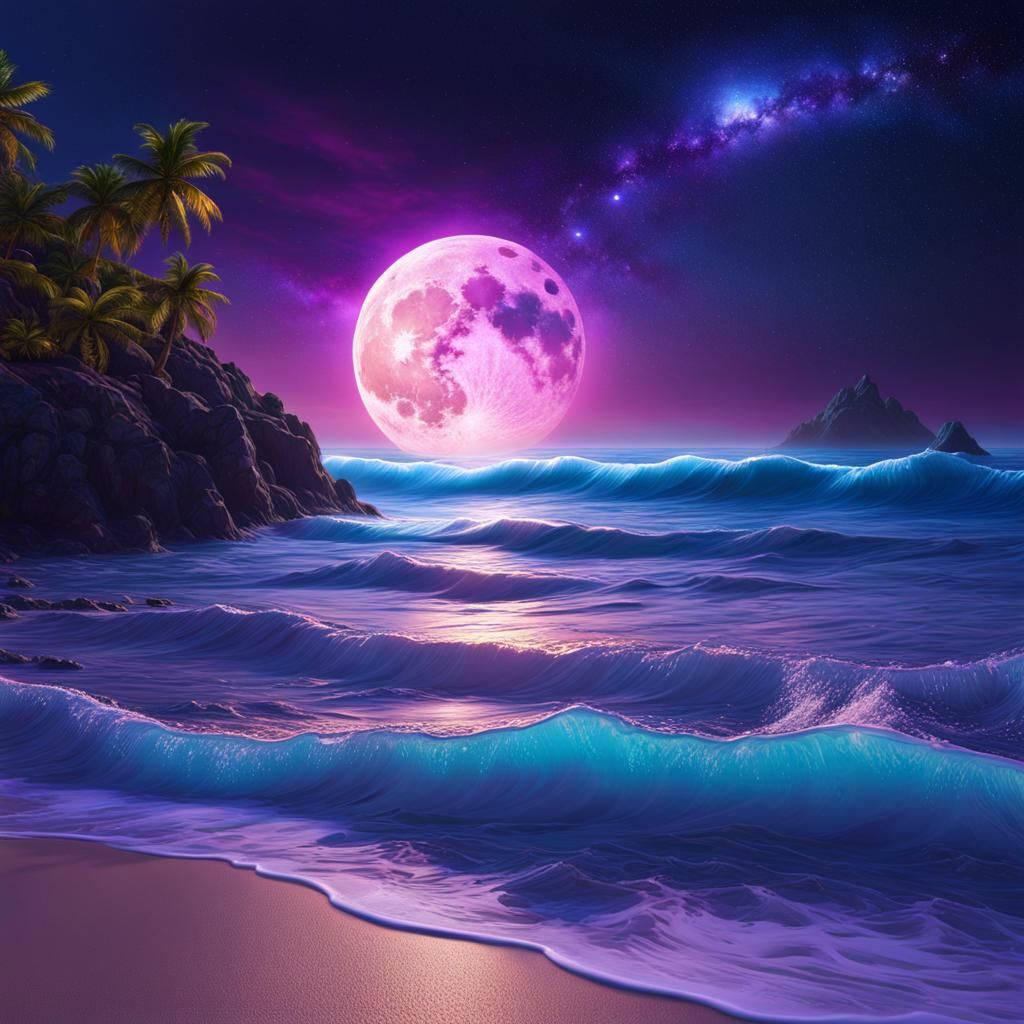 Picturesque Beach Under a Galactic Moonlit Sky