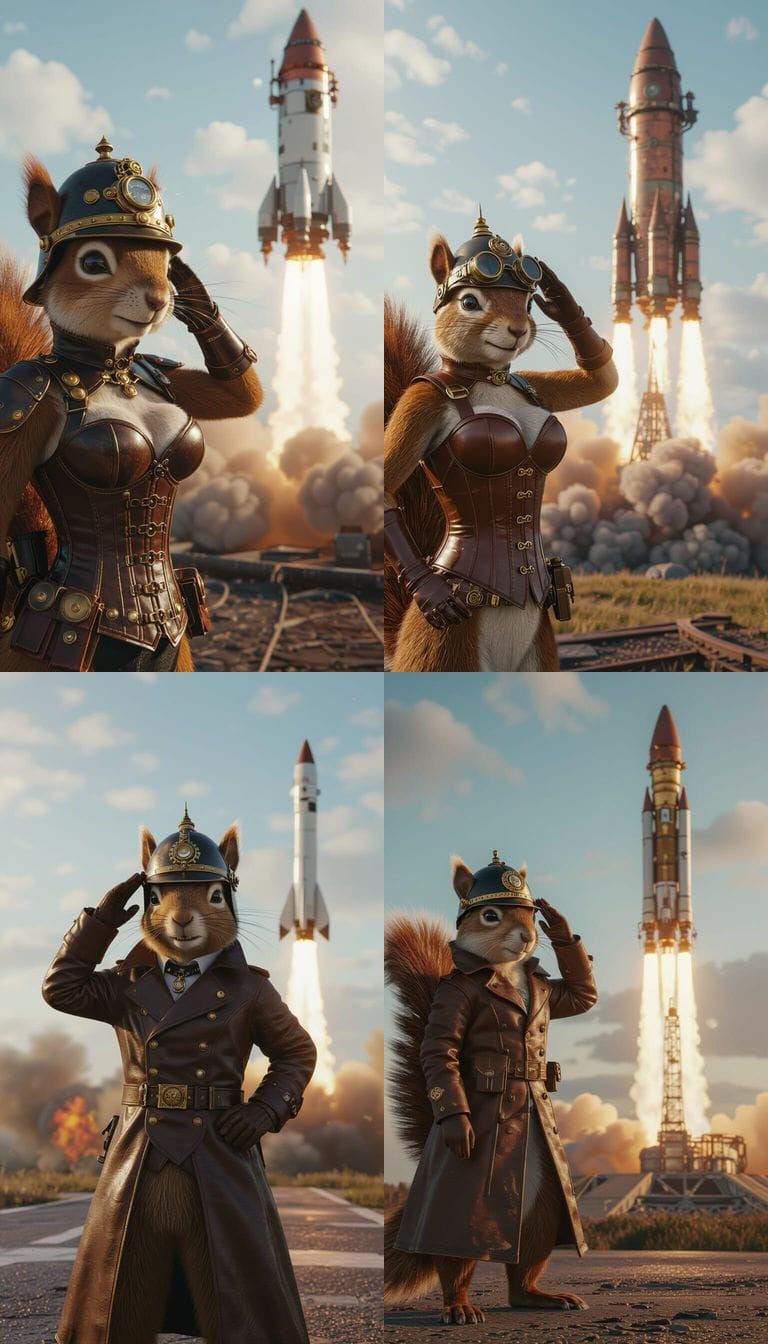 A anthropomorphic steampunk squirrel poses, saluting and wea...