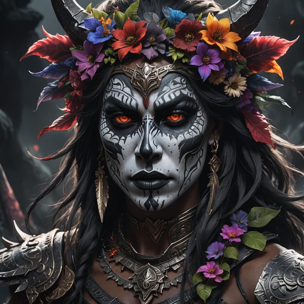 Demonic Amazonian Warrior Portrait in Dark Fantasy Style