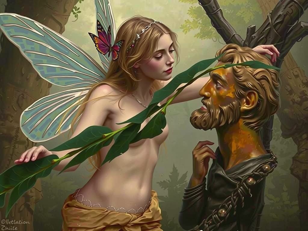 Fairy Woman Beside Wooden Statue in Enchanted Forest