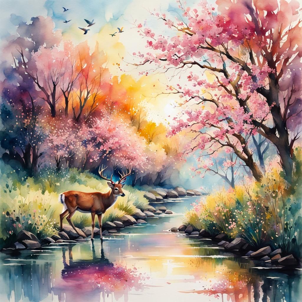 Spring Sunrise Watercolor Illustration with River and Deer