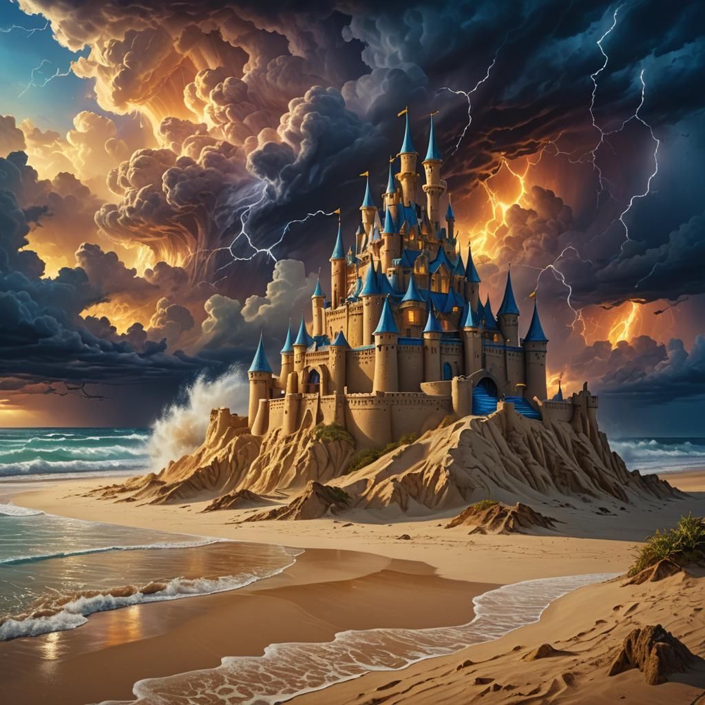 Epic Sand Castle Amidst Storm, Oil Painting Style