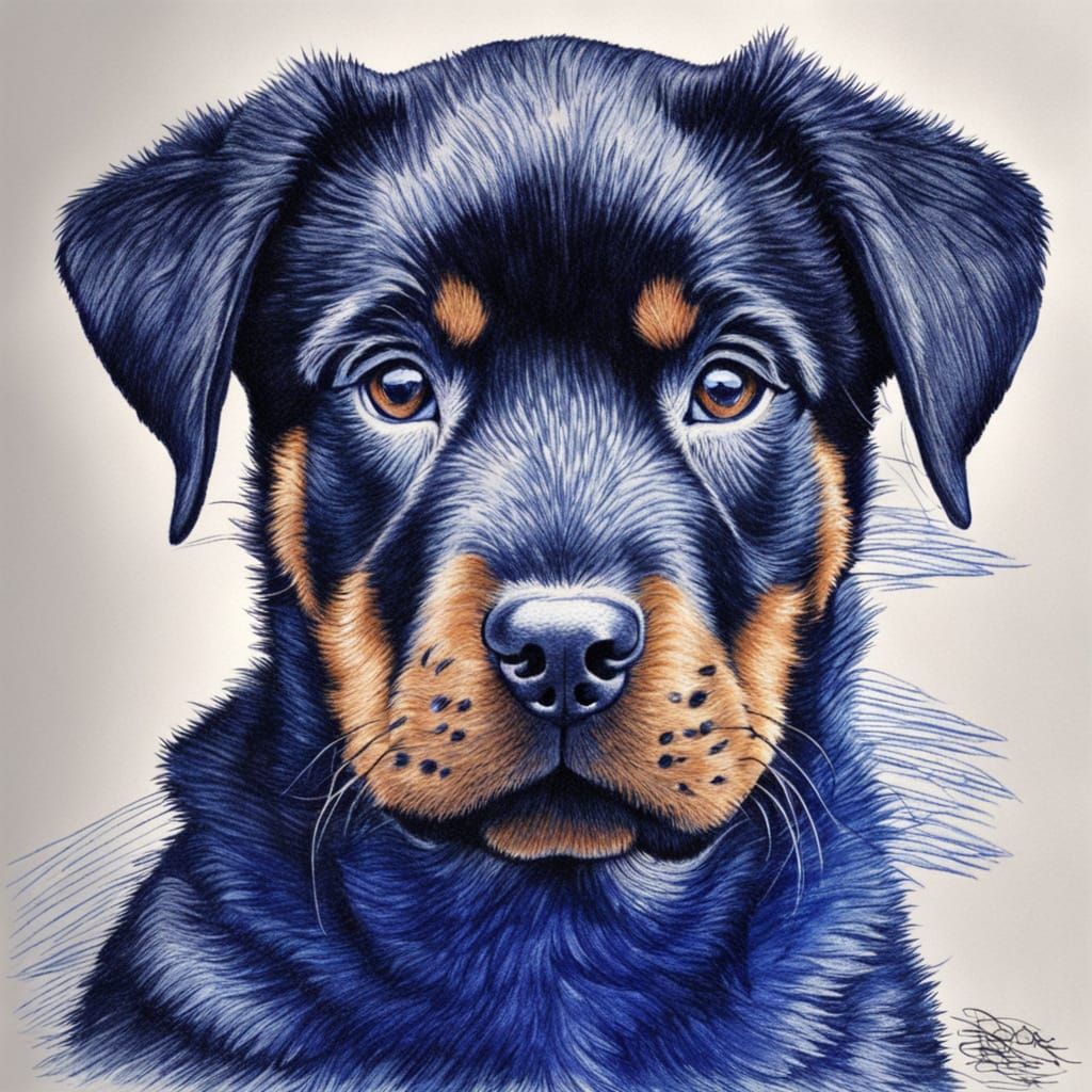 Rottweiler Puppy Portrait in Cobalt Blue Biro Art Style