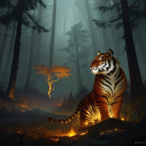 Fiery Tiger in Mystic Forest, Dark Fantasy Art
