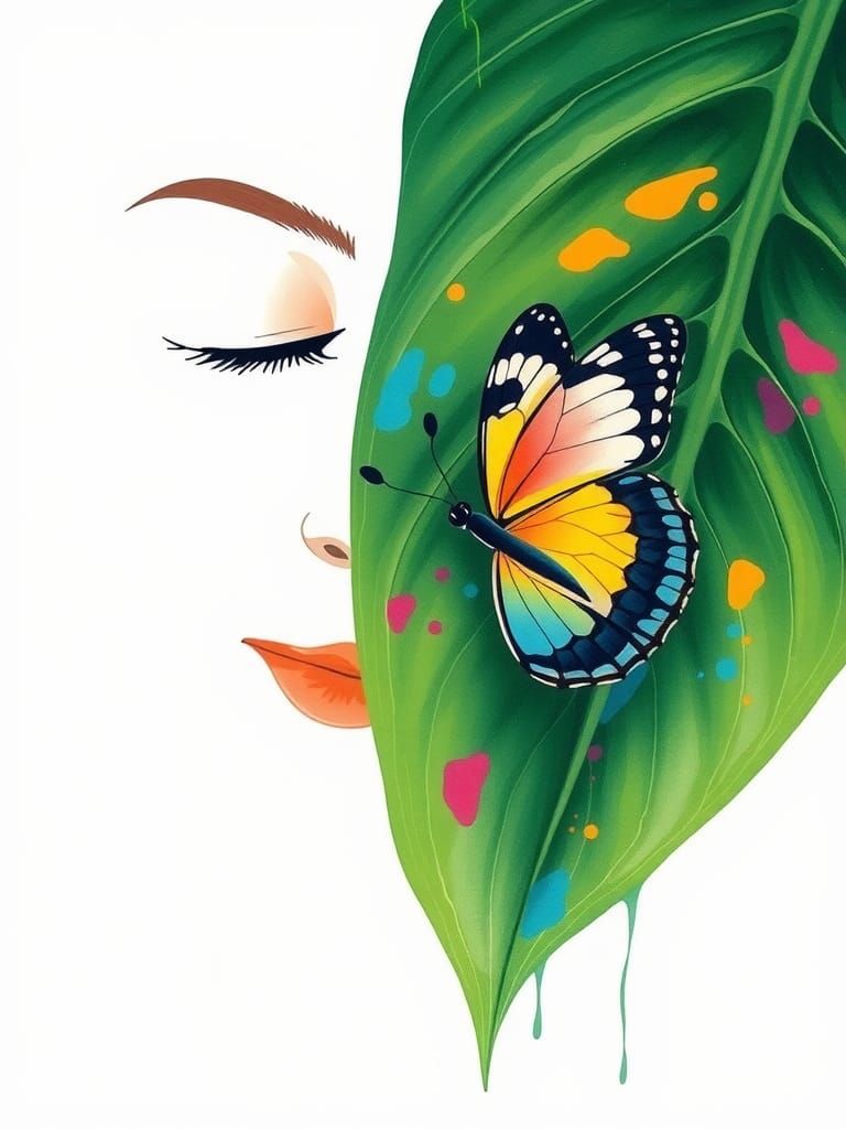 Minimalist Line Art Face with Butterfly and Leaf