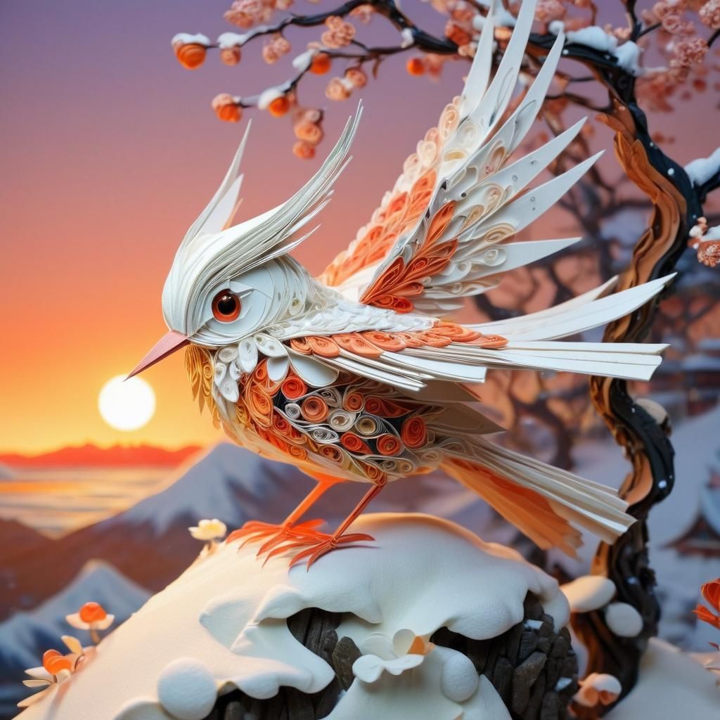 Japanese Snow Fairy Bird in Origami Style