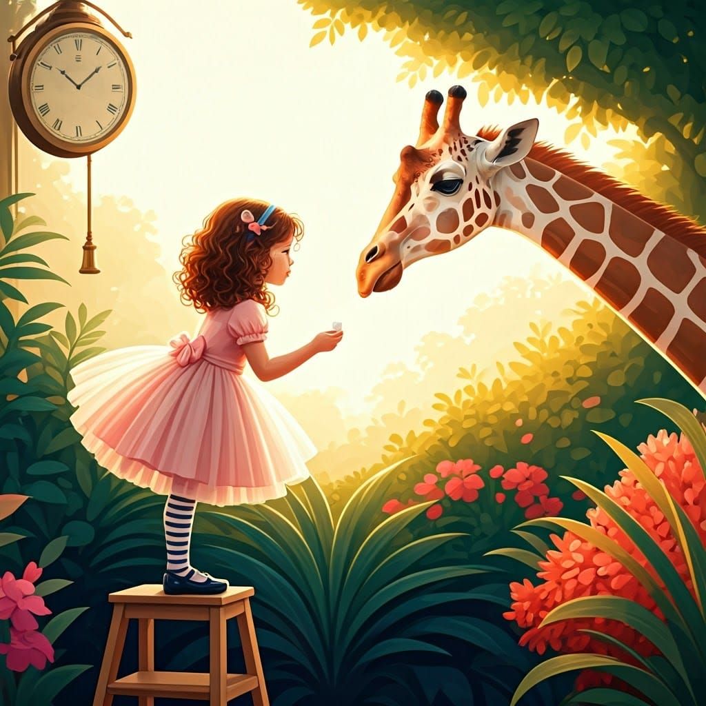 Giraffe's Whimsical Breakfast Encounter in Pastel Wonderland