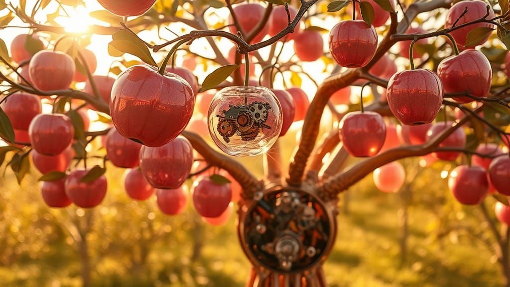 Mechanical Tree with Crystal Fruit in Orchard