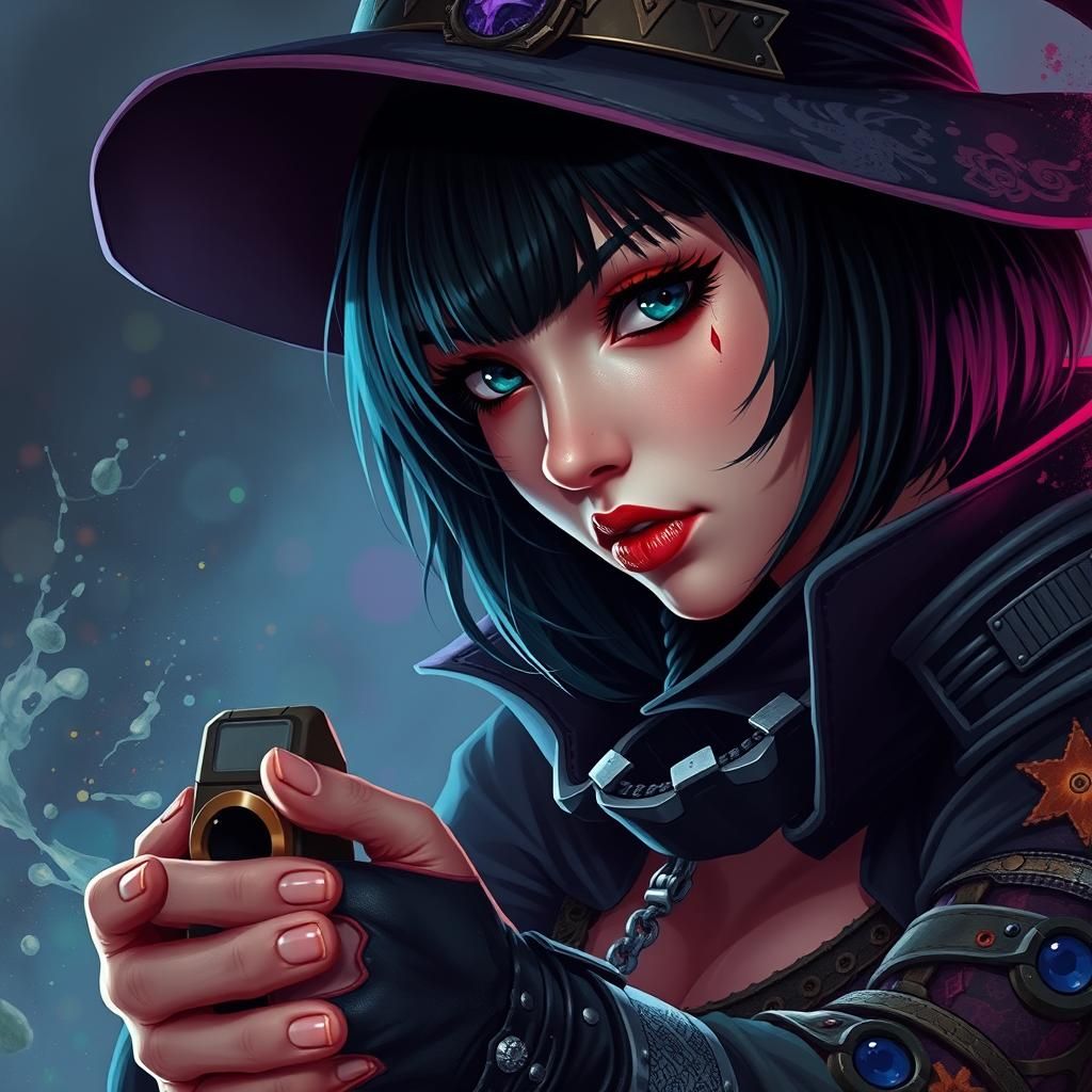 Gothic Steampunk Witch Playing Video Games, Hyperrealistic A...
