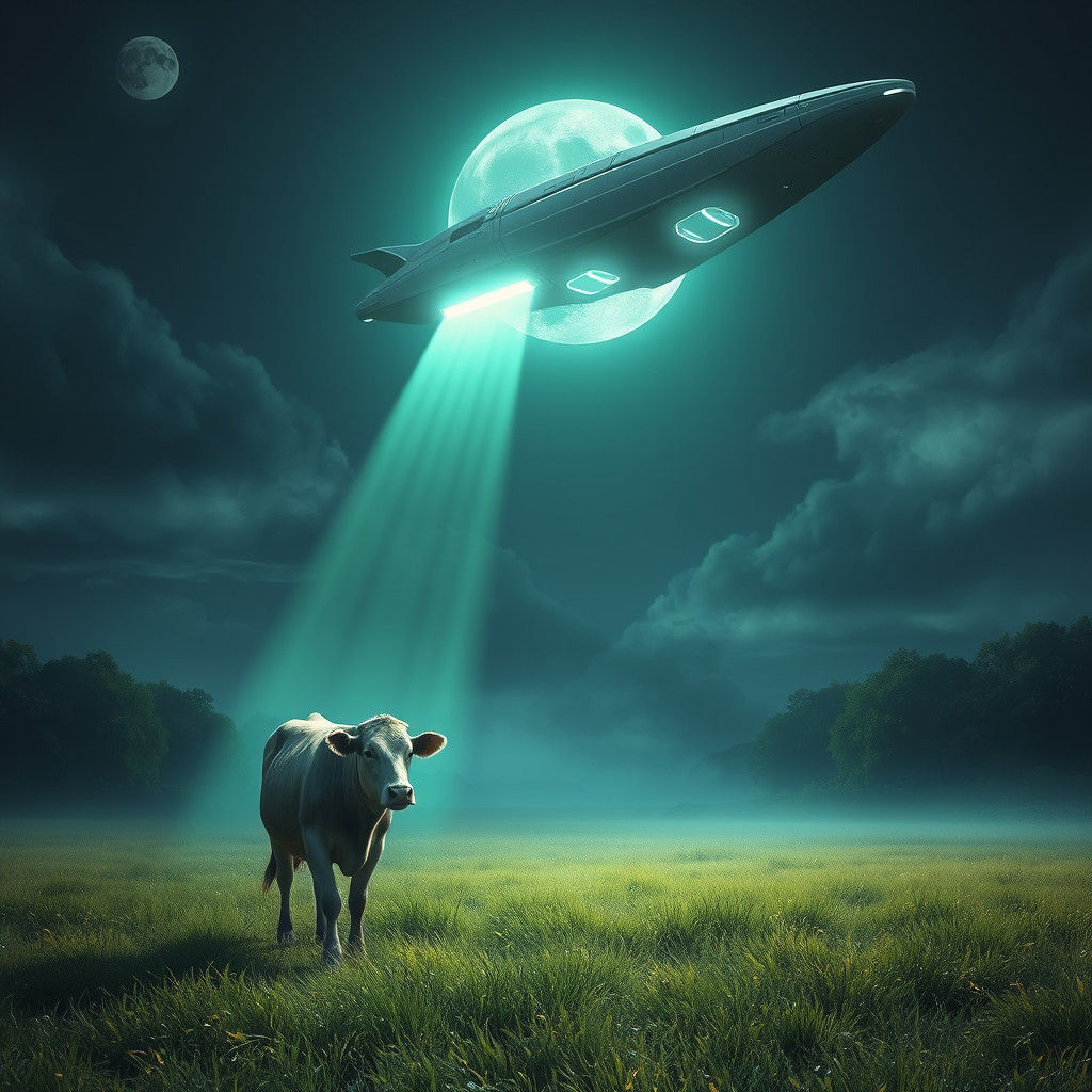 Cow Abduction in Moonlit Pasture: Digital Painting