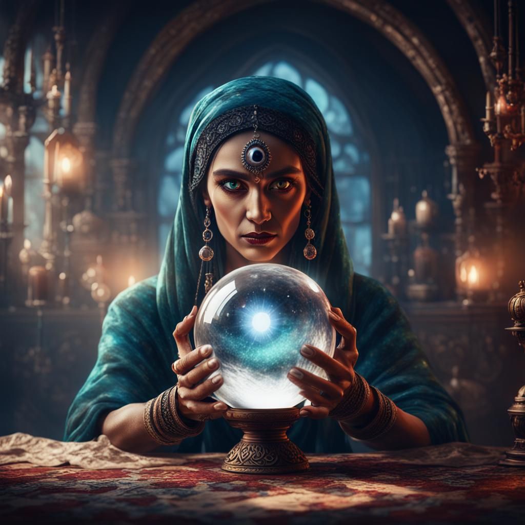 Sinister Gypsy Woman Scrying Crystal Ball
