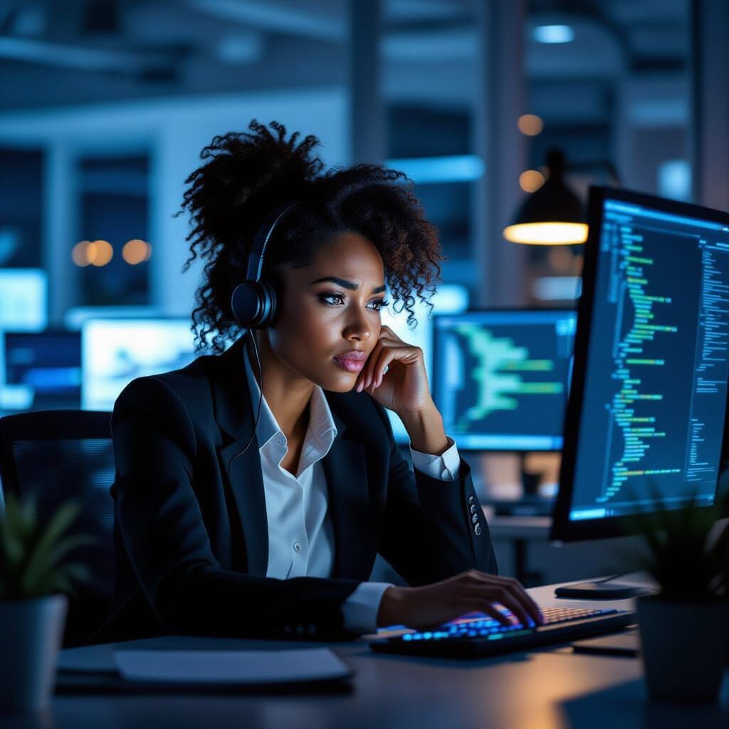 Overwhelmed African Woman in Dark Office: Fine Art Photo