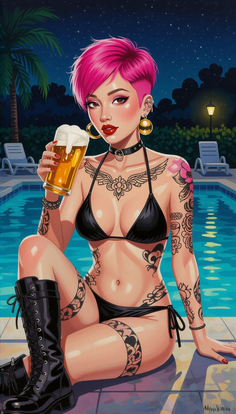 Young Woman with Pink Hair and Tattoos at Night Pool