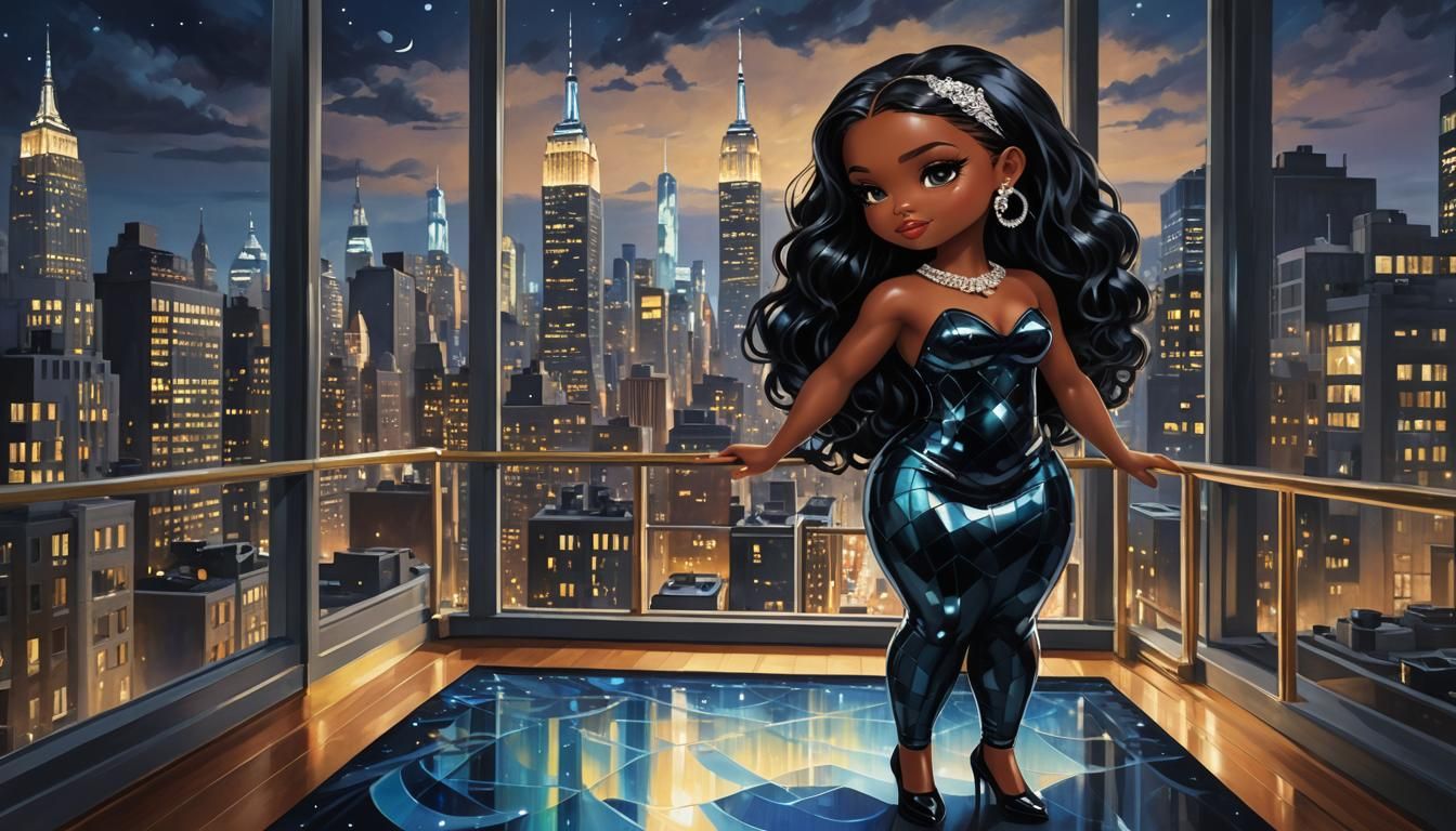 Chibi Woman in NYC Penthouse, Astral Oil Painting
