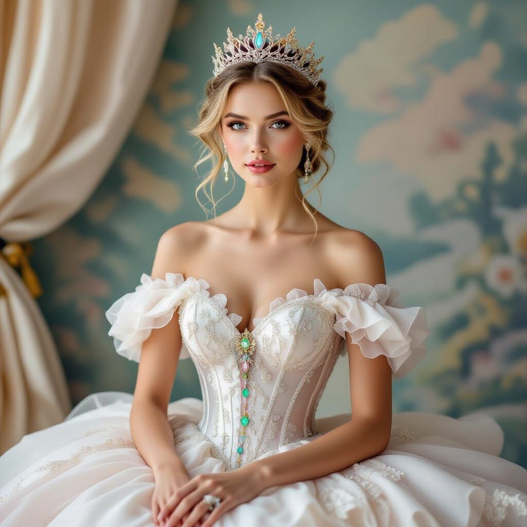 Bridal Gown with Golden Crown in Art Nouveau Style