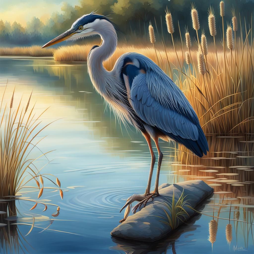 Blue Heron at Lakeside: Impressionist Digital Painting