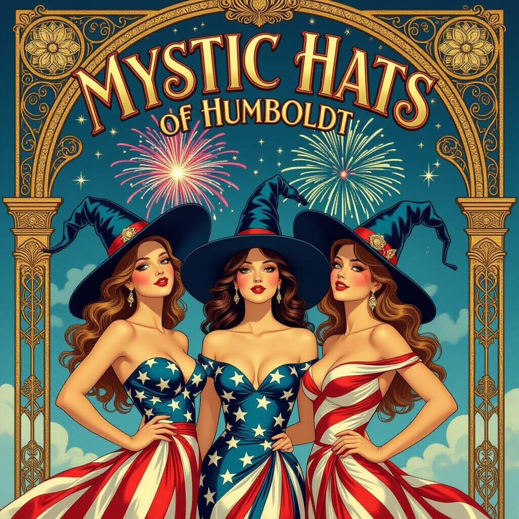 Girls in Flag Dresses Under Fireworks, Art Nouveau Style