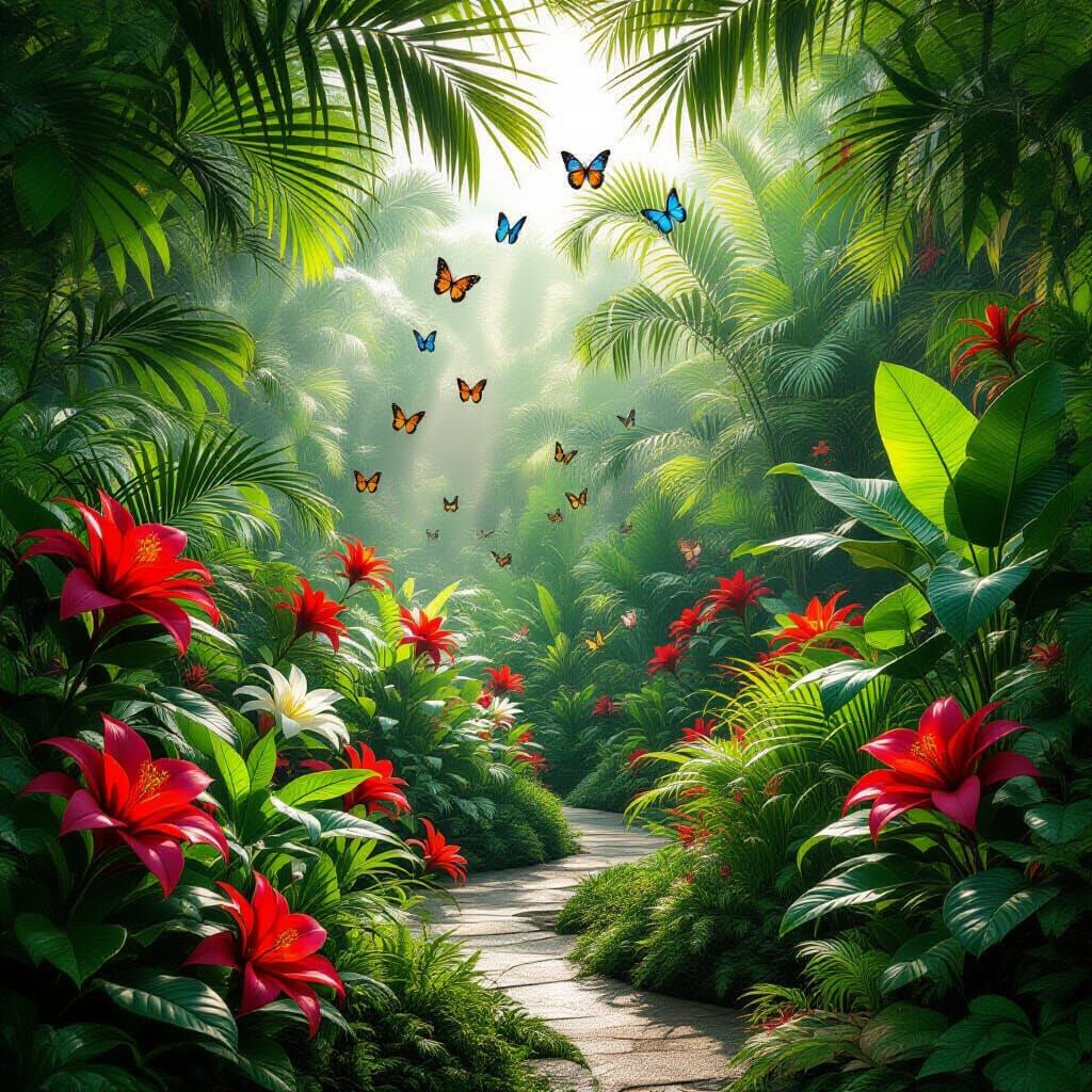 Vibrant Tropical Garden With Exotic Flora and Butterflies