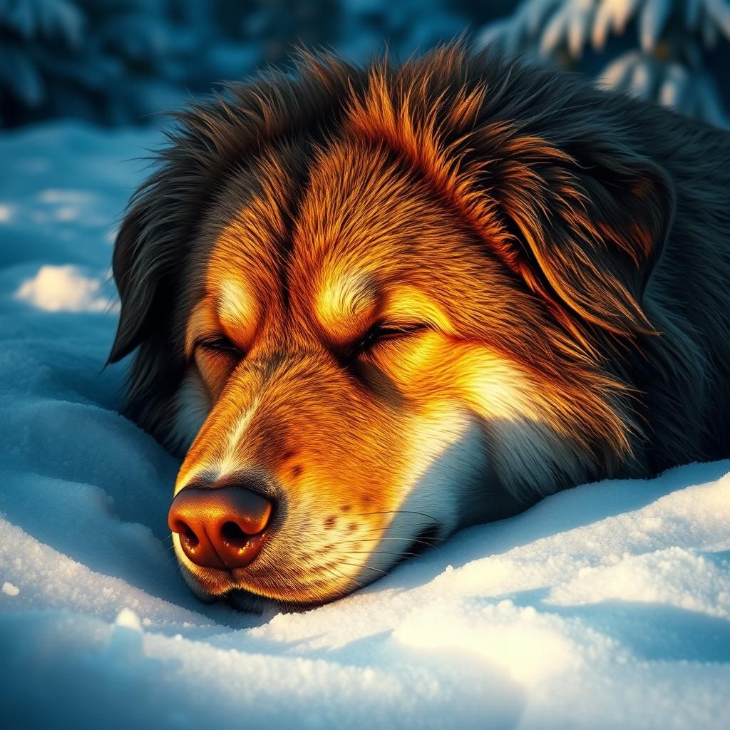 Dog Sleeping in Winter Wonderland: Hyperrealistic Digital Ar...